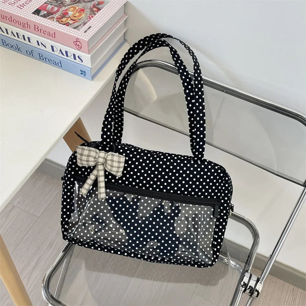 Y2K Ulzzang Ita Bag for Women | Trendy Polka Dot Canvas Shoulder & Underarm Tote (Transparent Pocket, Youth Fashion) Luxegan