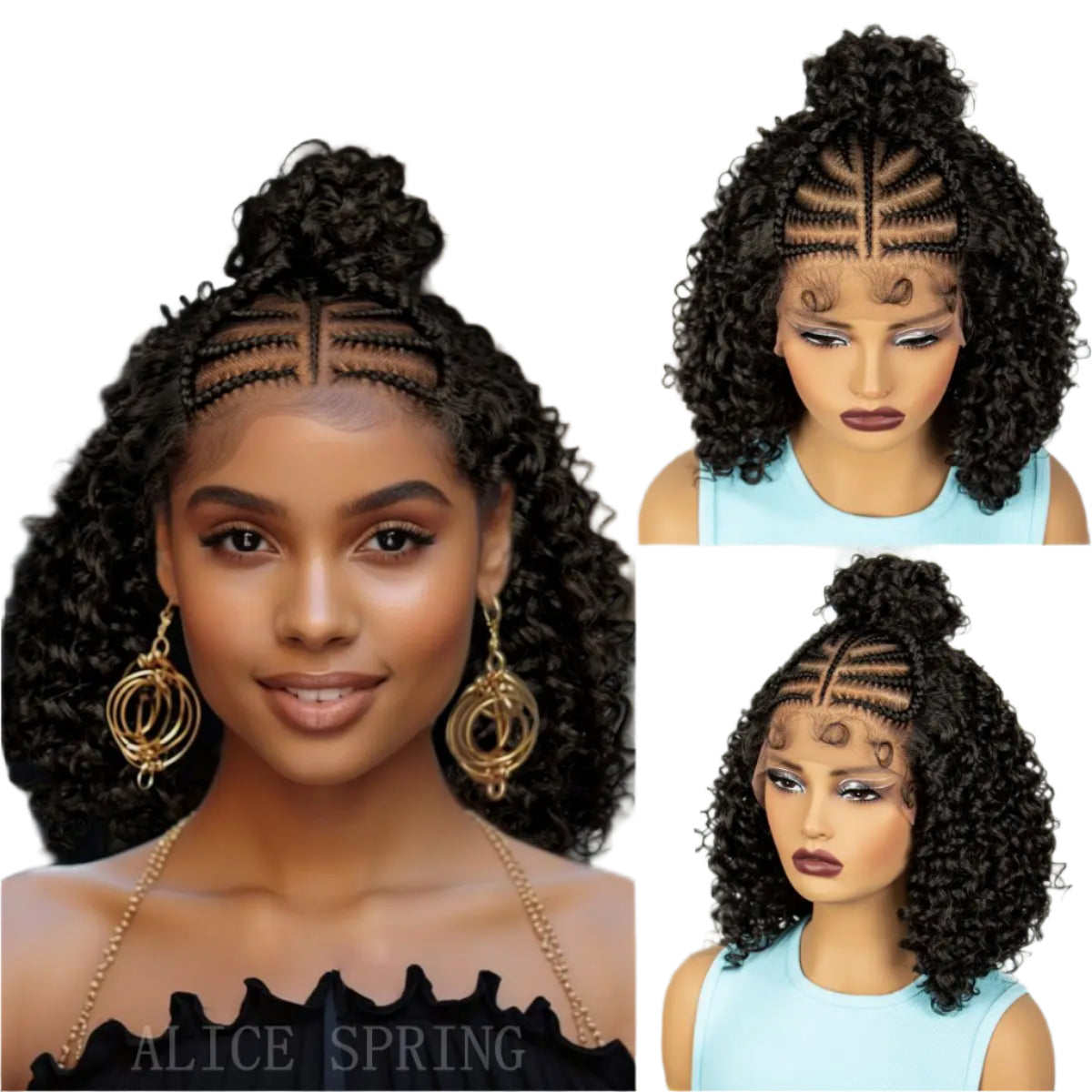 16" Cornrow Braids Wig with Afro Kinky Curly Ends | Knotless Lace Front | Baby Hair Luxegan