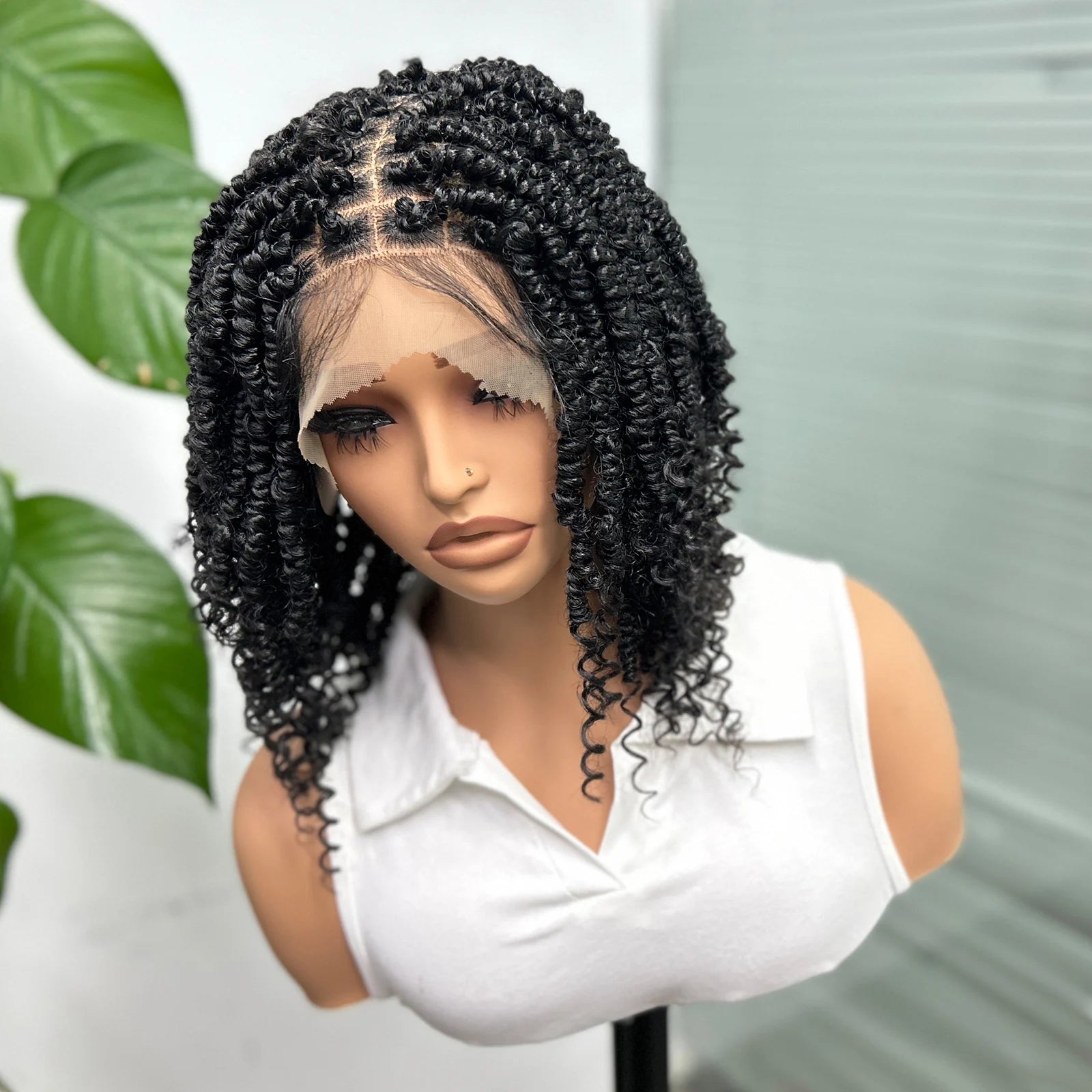Knotless Box Braided Bob Wig with Curly Ends | Short Twist Braids | Synthetic Lace Front Wig | Handmade for Black Women Luxegan