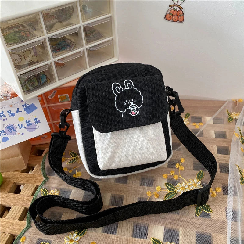 Korean Fashion Canvas Shoulder Bag | Small Messenger Crossbody for Girl Students | Sophisticated Cartoon Aesthetic Cotton Cloth Handbag | Fashion-Forward Square Canvas Bag for Daily Study & Leisure Luxegan