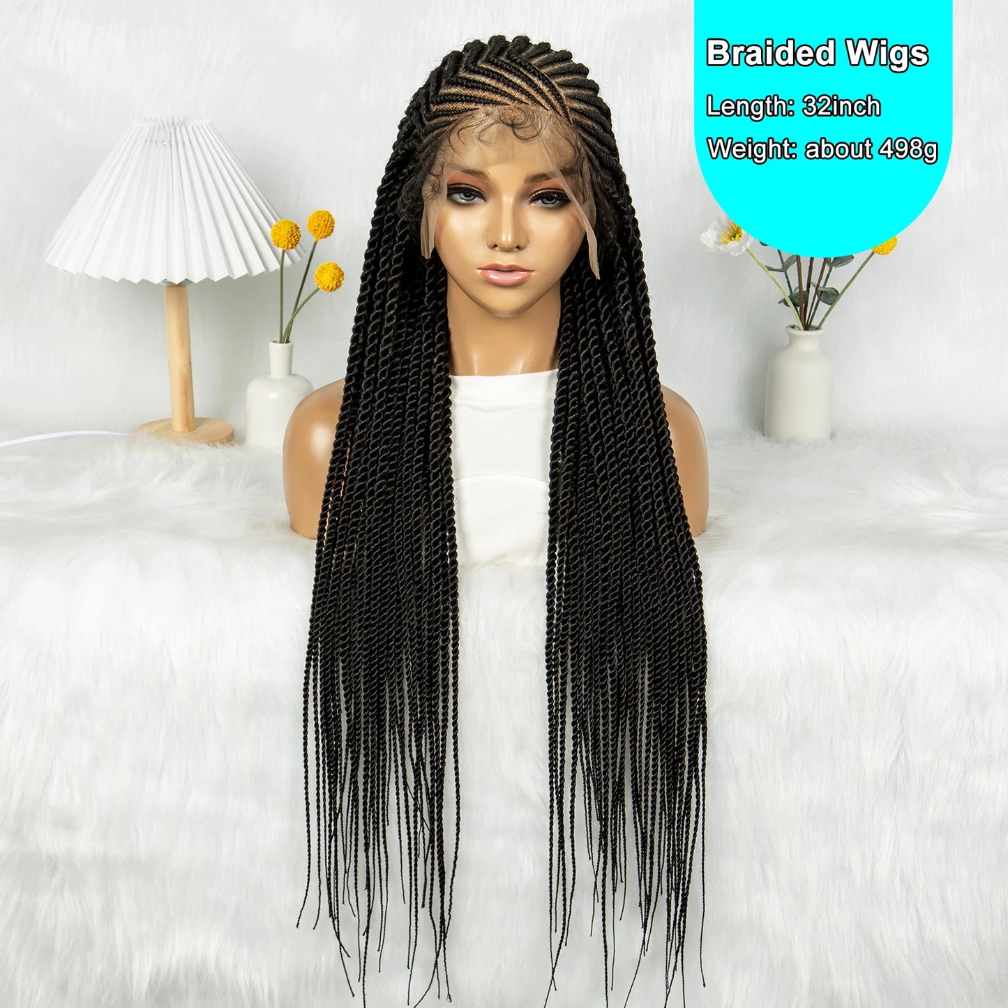 32" Cornrow Braided Wig | Full Lace Box Braids | Transparent Lace Front Wig for Black Women