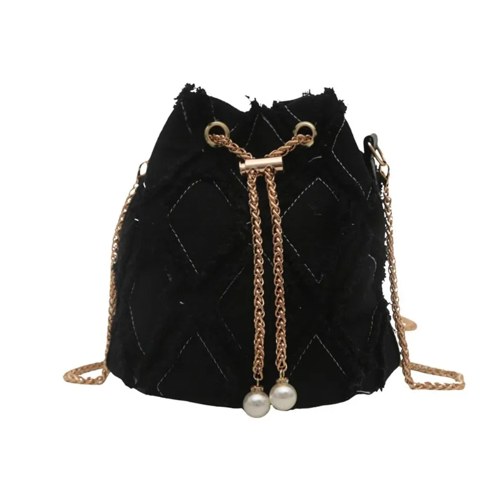 Portable Pearl Denim Bucket Bag | Chain Small Purse Tassel Denim Crossbody Bag | Korean Style Handbag Cloth Shoulder Bag (Casual Tote) Luxegan
