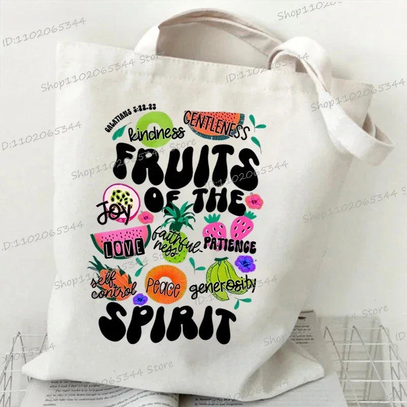Vintage Wildflower Canvas Tote Bag | "Fruits of The Spirit" Religion Faith Shoulder Bag | Bohemia Casual Handbag for Teenagers (Unisex) Luxegan