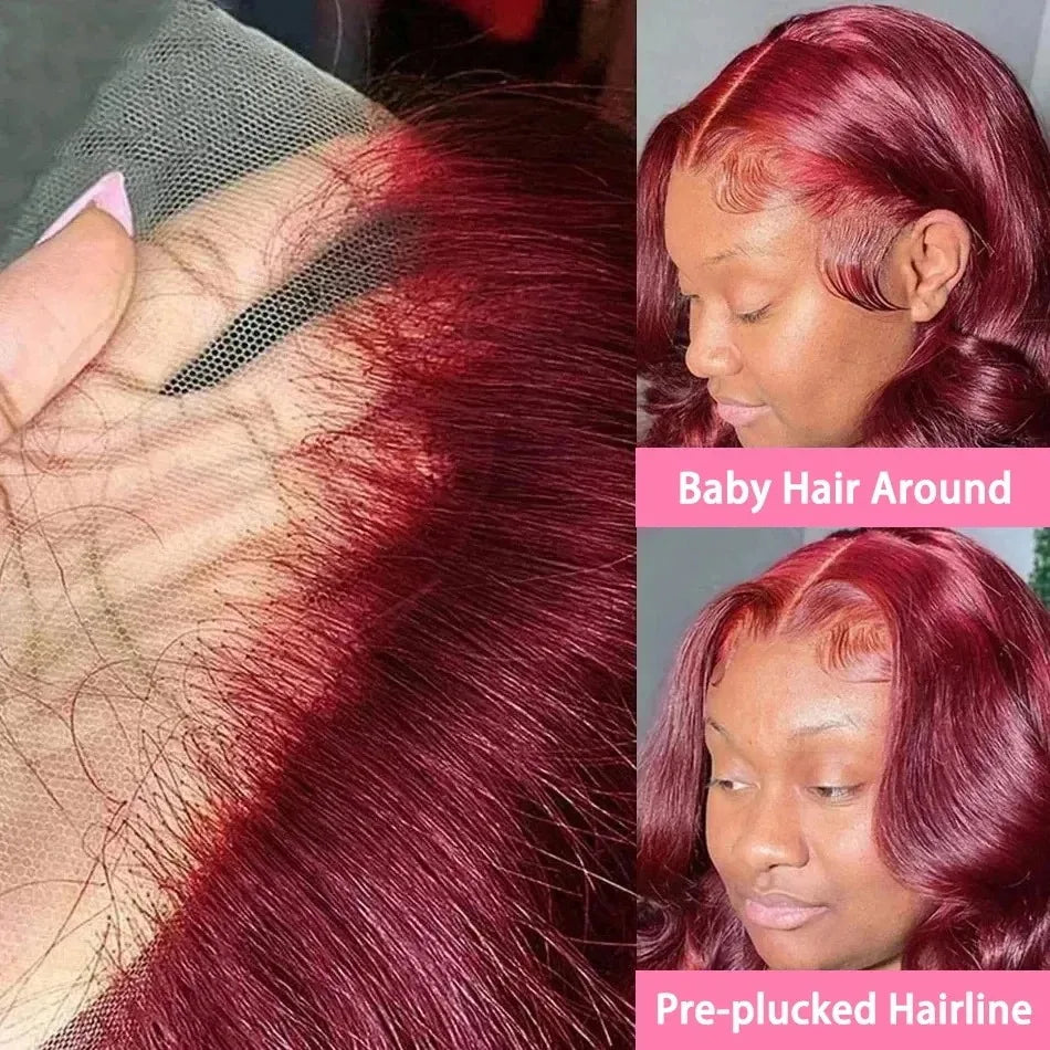 200% Density 99J Burgundy Lace Front Human Hair Wig 13x6 Body Wave Brazilian Remy Deep Part On Sale