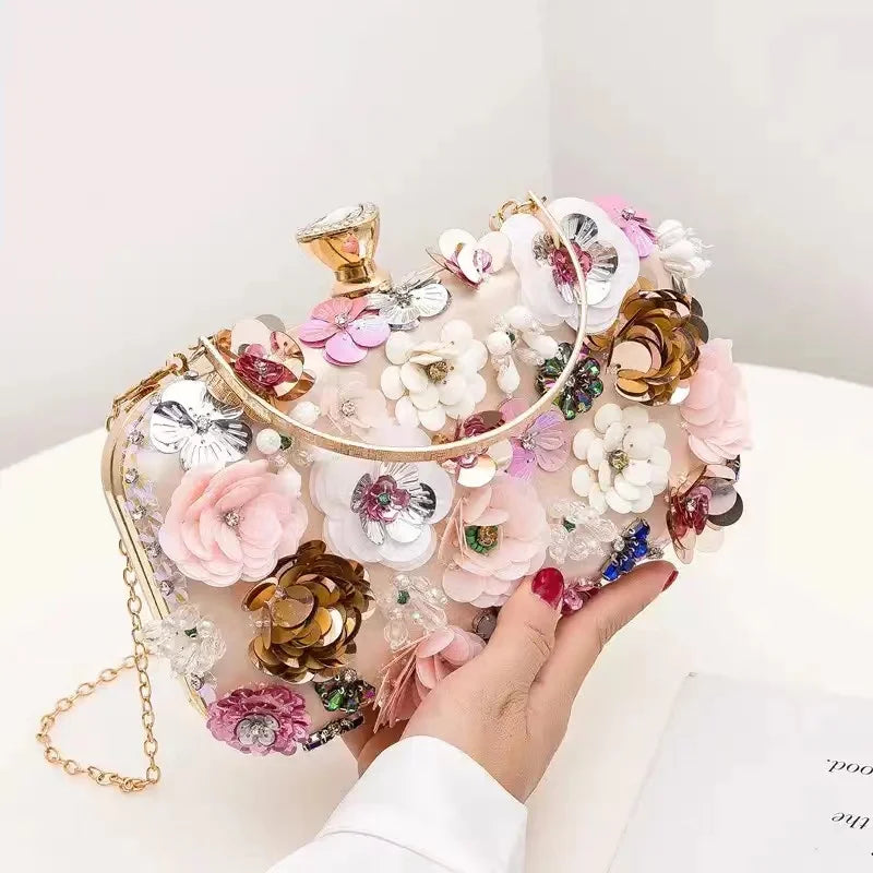 New Arrival Luxury Flower Diamond Embroidery Clutch | Fashion Jacquard Evening Bag with Sparkling Rhinestones | Elegant Lady’s Chain Shoulder & Messenger Bag Luxegan