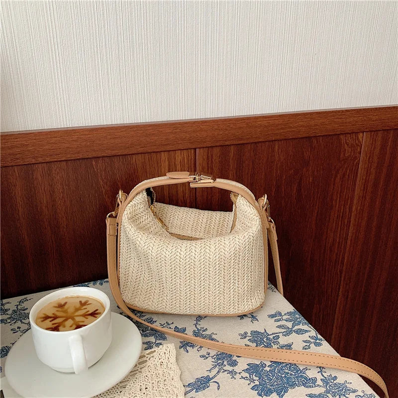 Bohemian Small Knitting Straw Bucket Bag | Casual Summer Crossbody Luxegan