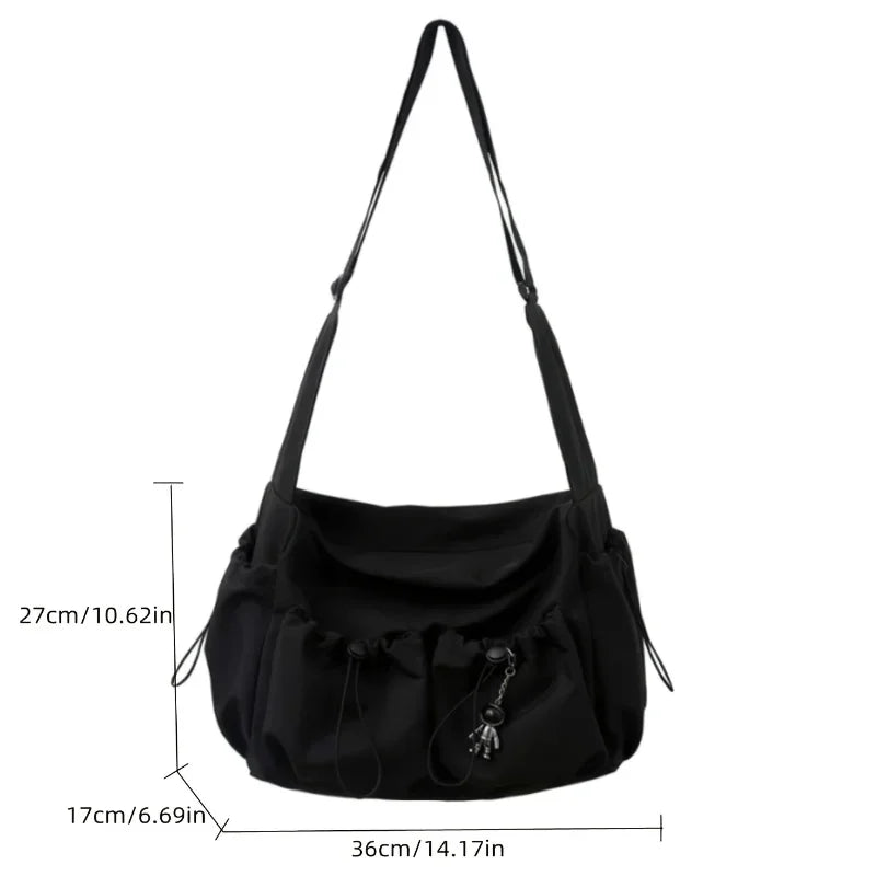 Fashionable Drawstring Crossbody Messenger Bag | Spacious & Secure Zippered Nylon Tote | Unisex Casual Shoulder Bag with Stylish Bag Charm Luxegan