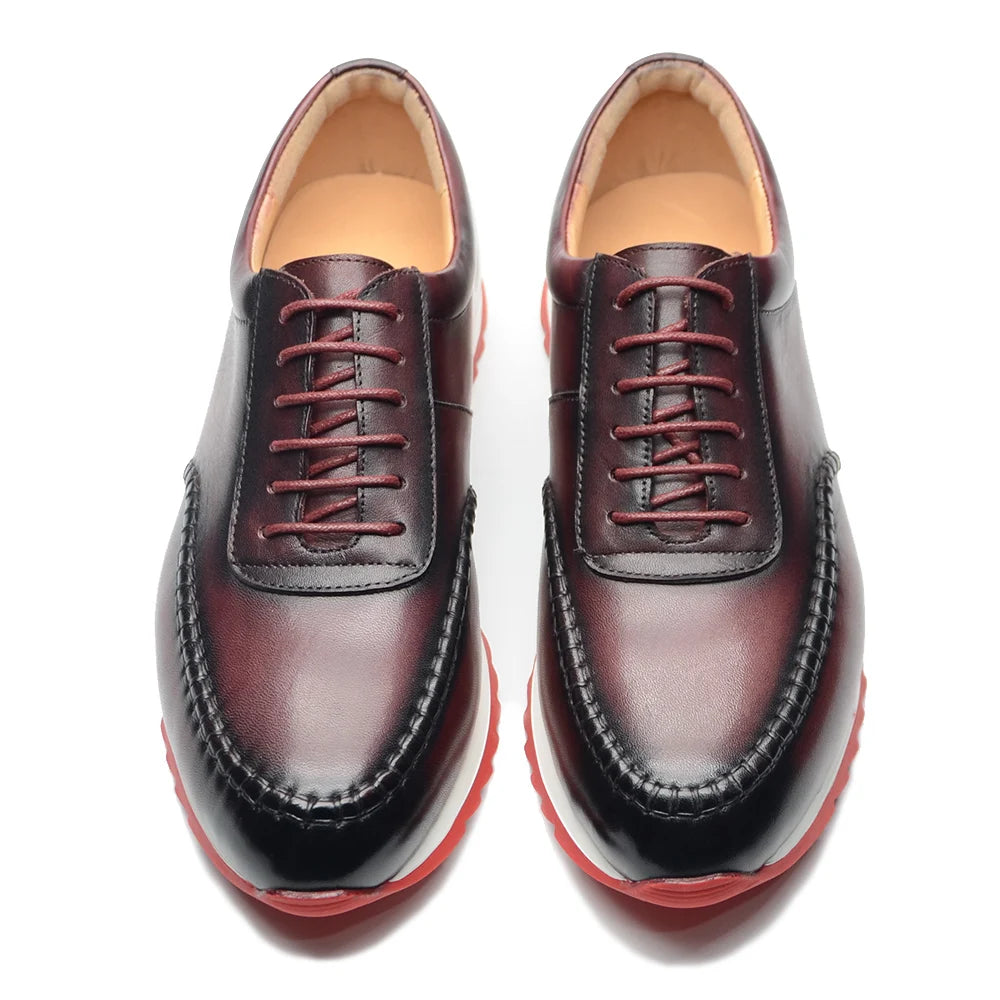 Classy Men's Genuine Leather Low Top Sneakers | Red Bottom Lace-Up Casual Dress Shoes (Breathable) Luxegan