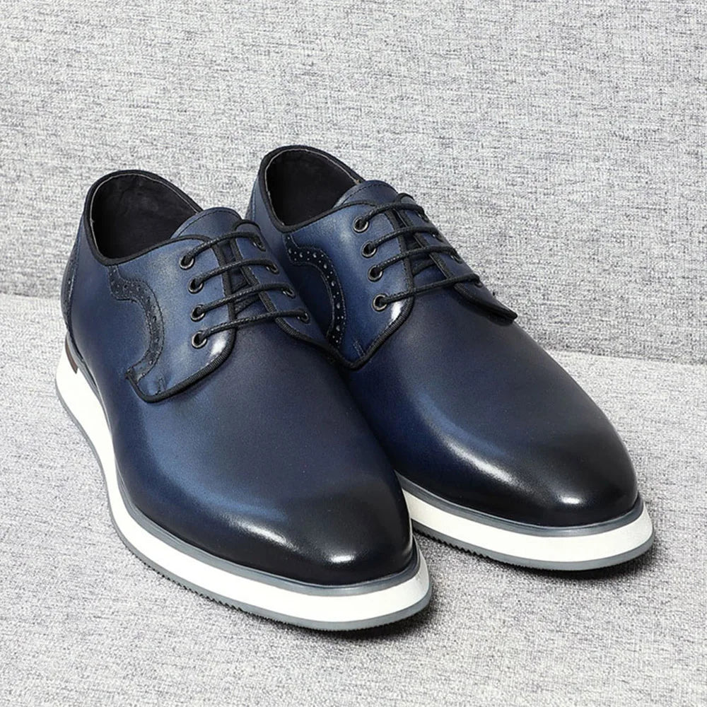 Men's Blue & Black Genuine Leather Derby Dress Shoes | Classic Casual & Business Oxfords (Breathable) Luxegan