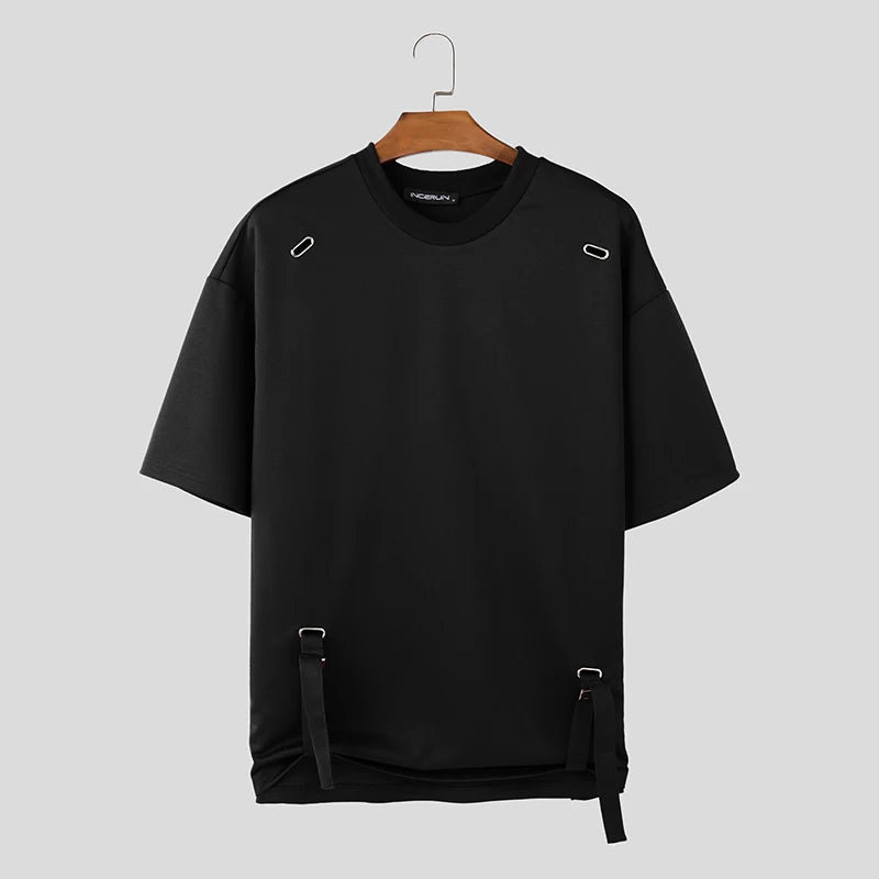 Loose Metal Design Strap T-Shirt | Sophisticated O-Neck Half-Sleeve Silhouette | Elegant "City Walk" Casual Camiseta | "Dignified" Solid Broadcloth Top for Radiant Versatile Styling Luxegan