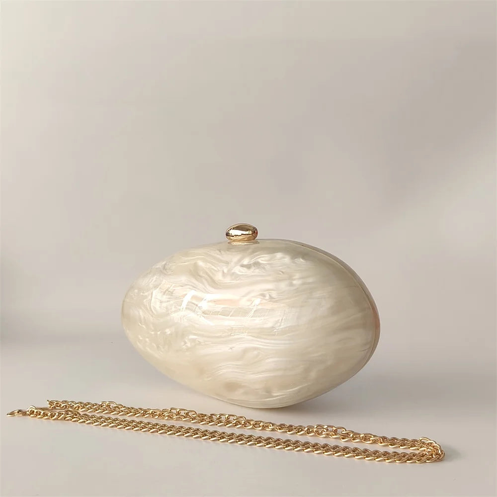 Oval Marble Beige Shell Acrylic Luxury Elegant Lady Evening Bag | Cute Handbag & Wedding Girl Female Mini Purse Luxegan