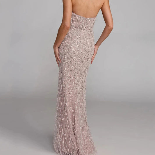 Crystal Beading A-Line Prom Gown | Strapless Floor-Length Evening Dress Luxgan