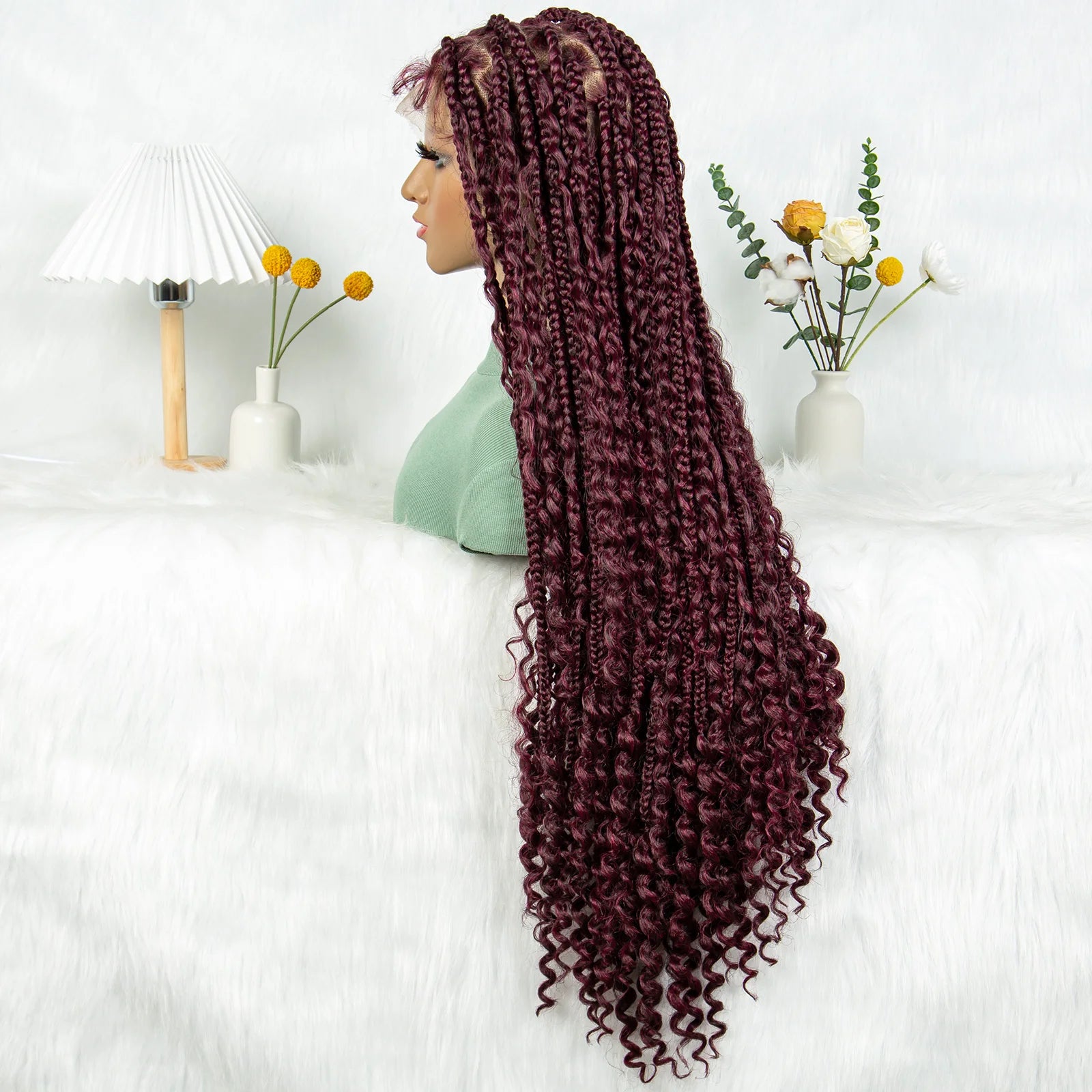 Burgundy Bohemian Box Braids Wig | HD Lace Front | Knotless Goddess Braids | Synthetic Hair