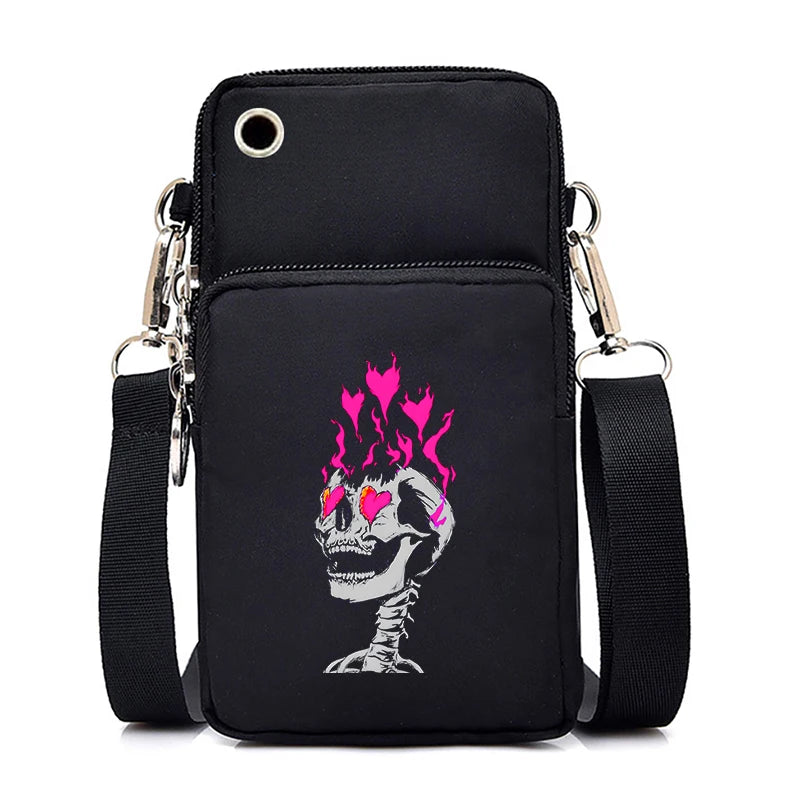 "Dead Inside But Love Cats" Shoulder Bag | Sophisticated Funny Vintage Skeleton Purse | Elegant Cartoon-Print Mobile Phone Bag | "Dignified" Soft Nylon Mini-Handbag for Versatile Casual Styling Luxegan