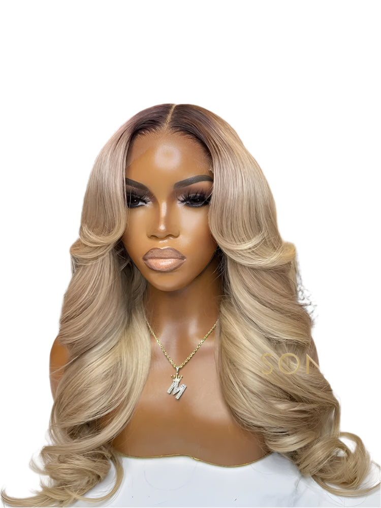 Ombre Ash Honey Blonde 13x6 Transparent Lace Frontal Wig | Dark Root Body Wave Human Hair Luxegan