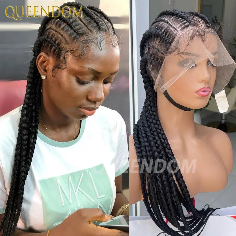 Synthetic Full Lace Cornrow Box Braided Wig 36" Lace Front Wigs Jumbo Braids Wig For Black Africa Women Braids Wig Braiding Wigs Luxegan