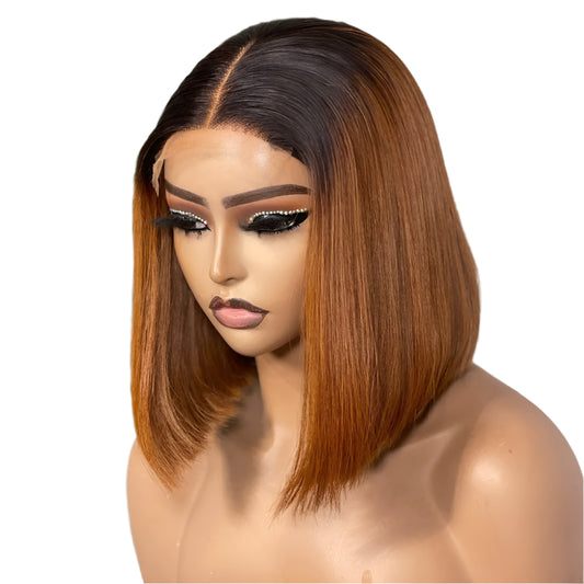 250% Density Ombre 1B/Orange Bone Straight Bob Wig | 13x4 Transparent Lace Front Human Hair (Glueless, Ready-to-Wear) Luxegan