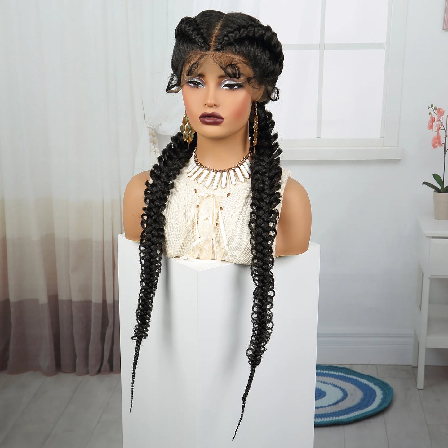 36" Burgundy Twist Cornrow Braids Wig | 99J | Lace Frontal | Baby Hair Luxegan