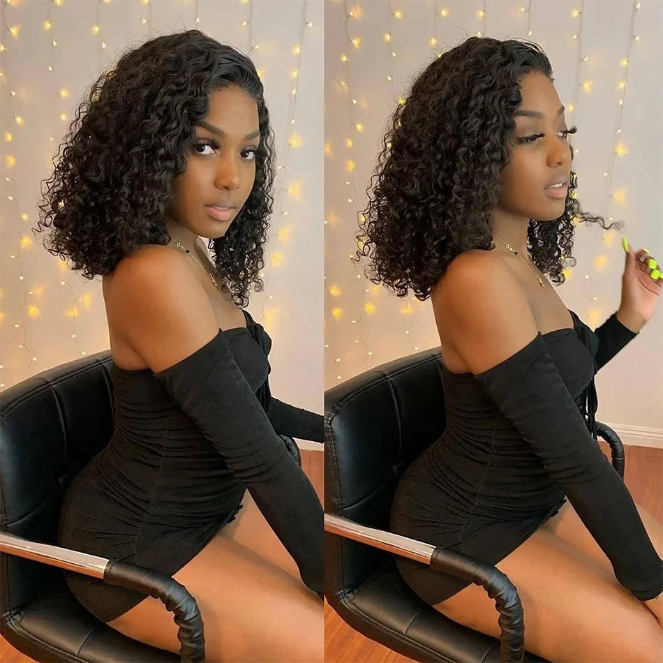 200% Density Short Curly Bob Wigs 13x4 Lace Front 4x4 Closure Deep Wave Brazilian Remy Human Hair 14 Inch