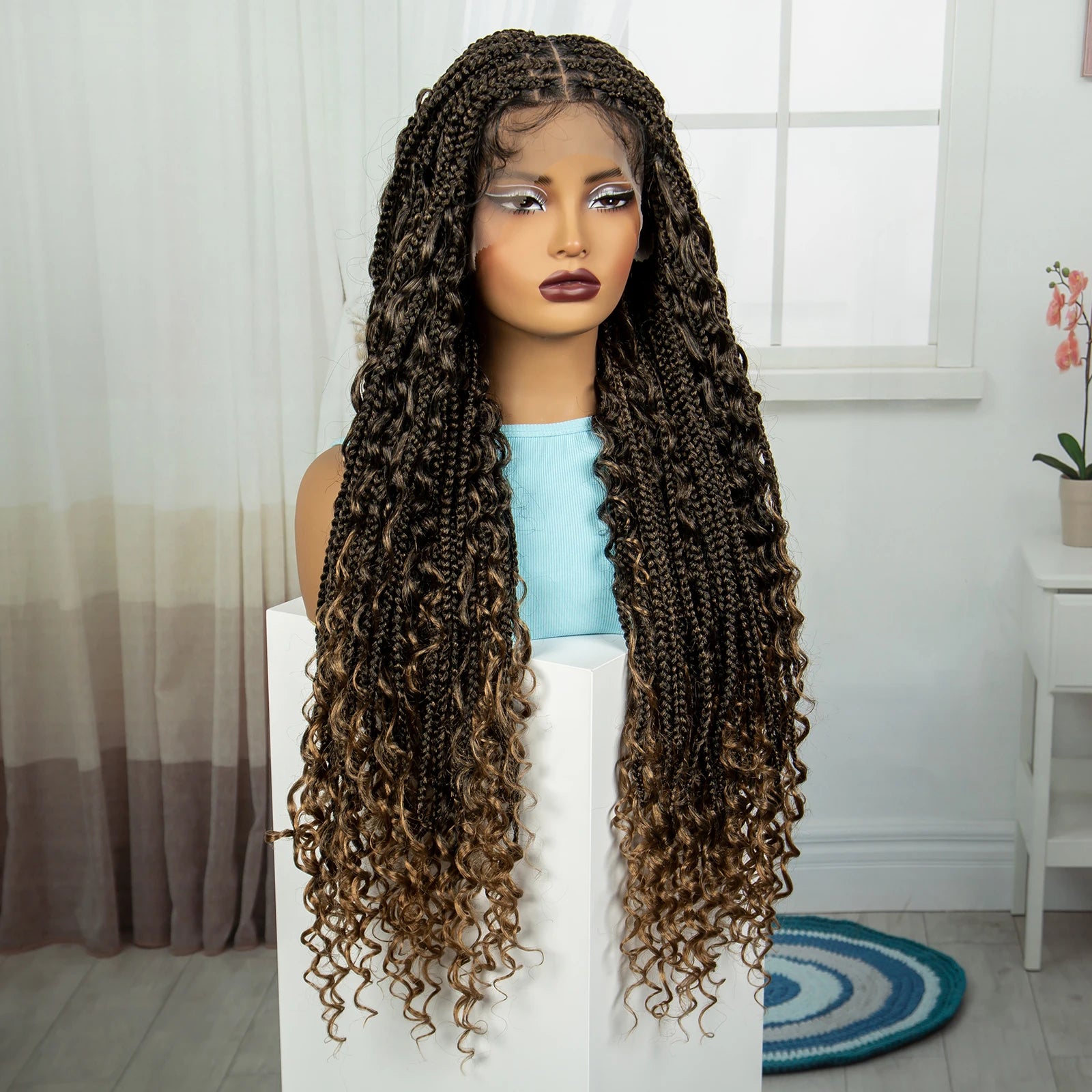 Ombre Knotless Braids Wig | Curly Ends | Full Lace | Baby Hair | Handmade Luxegan