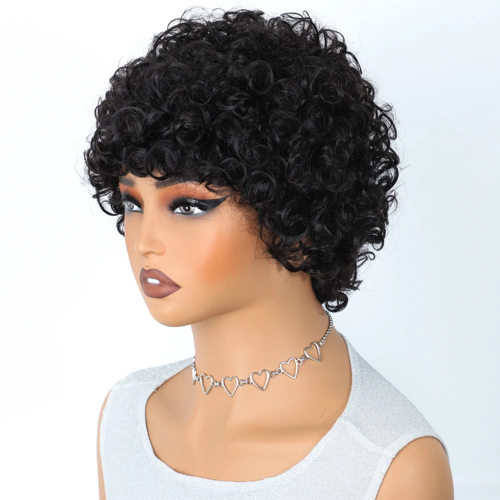 Sleek Peruvian Afro Kinky Curly Pixie Wig | Glueless Natural Brown Human Hair with Bangs Luxegan