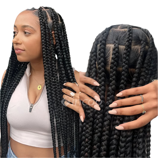 36" Knotless Large Square Box Braids Wig | Full Lace Frontal | Baby Hair | Kanekalon Hair