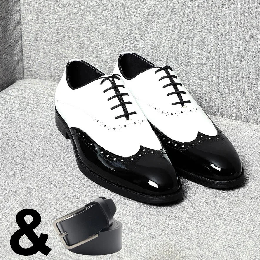 Elegant Men's White & Black Wingtip Brogue Oxfords | Genuine Leather Wedding, Party & Social Dress Shoes Luxegan