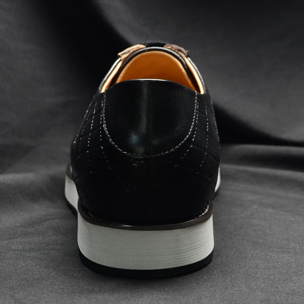 Europe 2024 Fall Luxury Men's Genuine Leather Plaid Casual Shoes | Black & Dark Brown Business Sneakers (Height Increasing) Luxegan