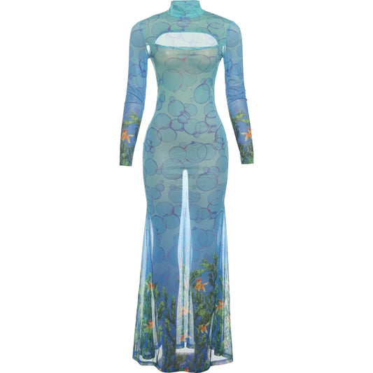 See-Through Hollow Out Print Fishtail Bodycon Maxi Dress | Skinny Stretch Sexy Club Party Dress Luxegan