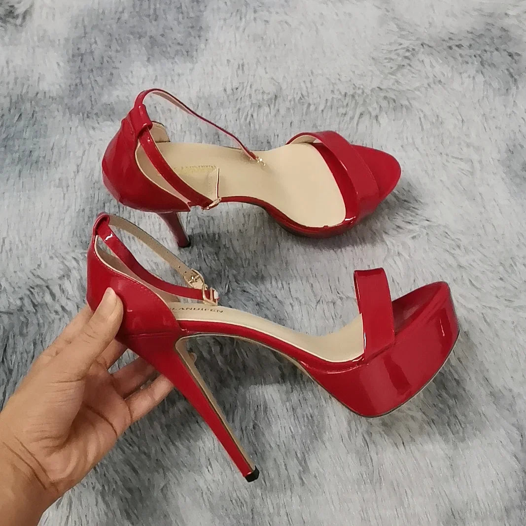 14cm Super Flash Platform Sandals | Sophisticated Red Patent Leather Open Toe | Elegant "Nightclub" Ankle Strap High Heels | "Dignified" Plus Size 44 Party & Wedding Shoes for Radiant Versatile Styling Luxegan