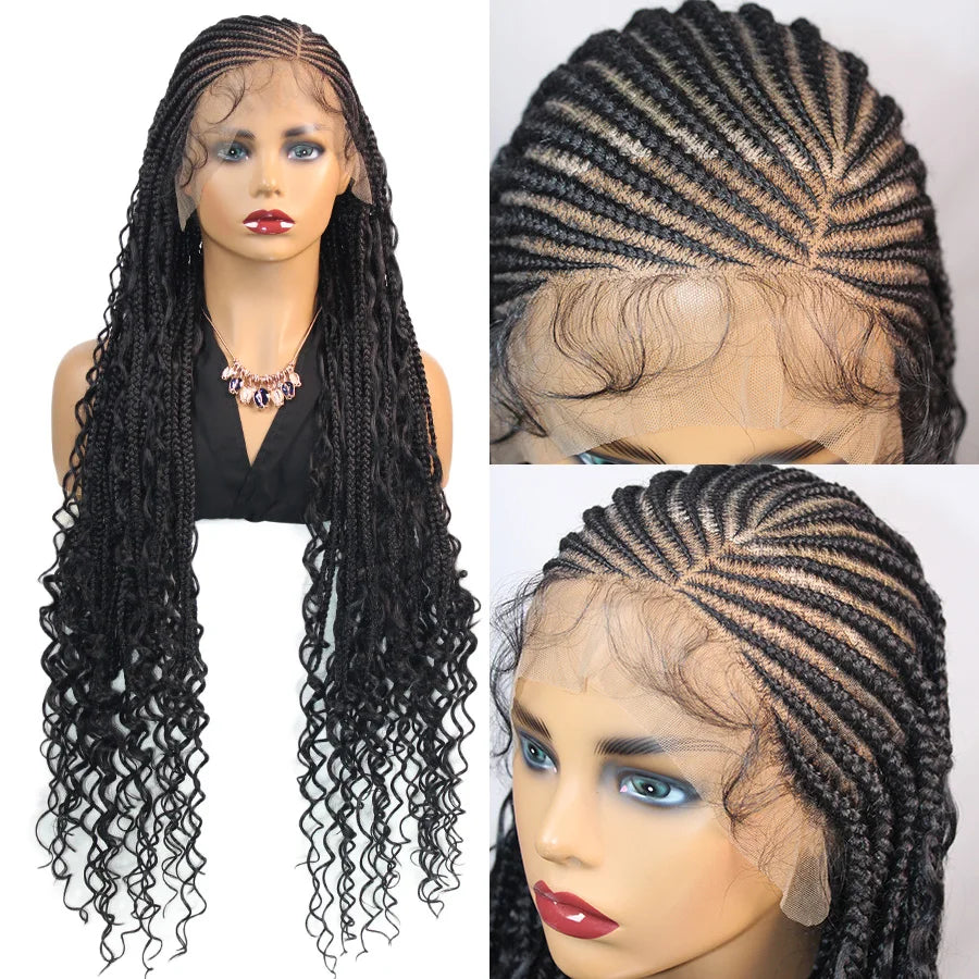 36" Boho Knotless Box Braids Wig | Full Lace | Cornrows & Curly Ends | Synthetic Braided Wig