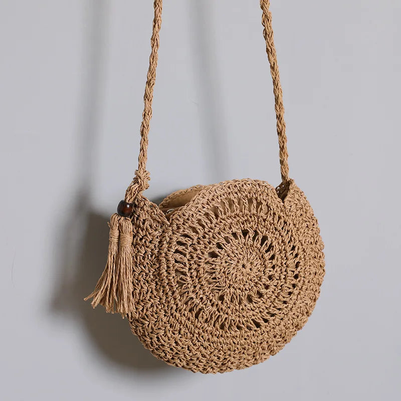 Round Soft Paper Rope Shoulder Bag | Tassel Summer Beach Handmade Crossbody Bag Luxegan