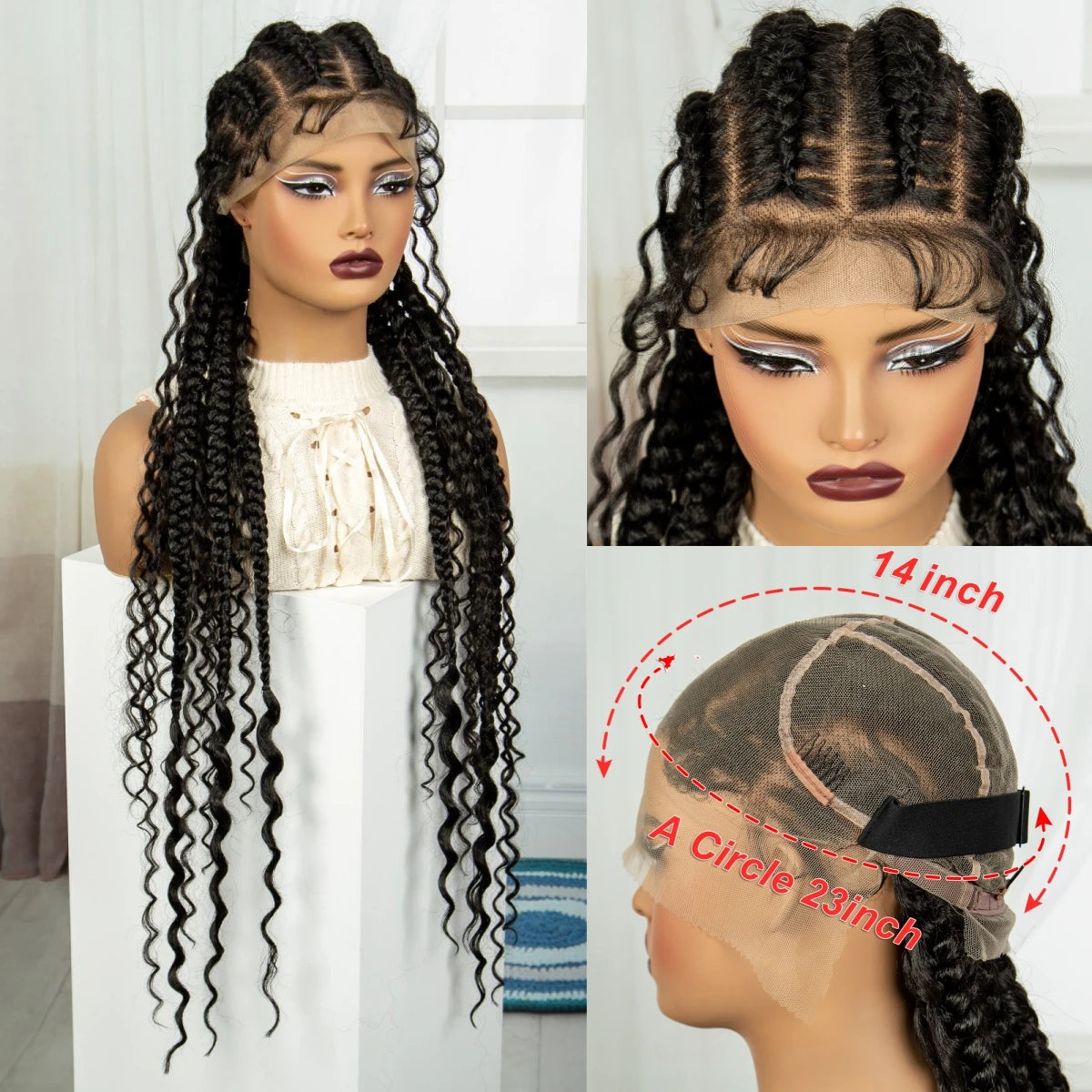 34" Cornrow & Twist Braids Wig with Curly Ends | Full Lace Frontal Luxegan