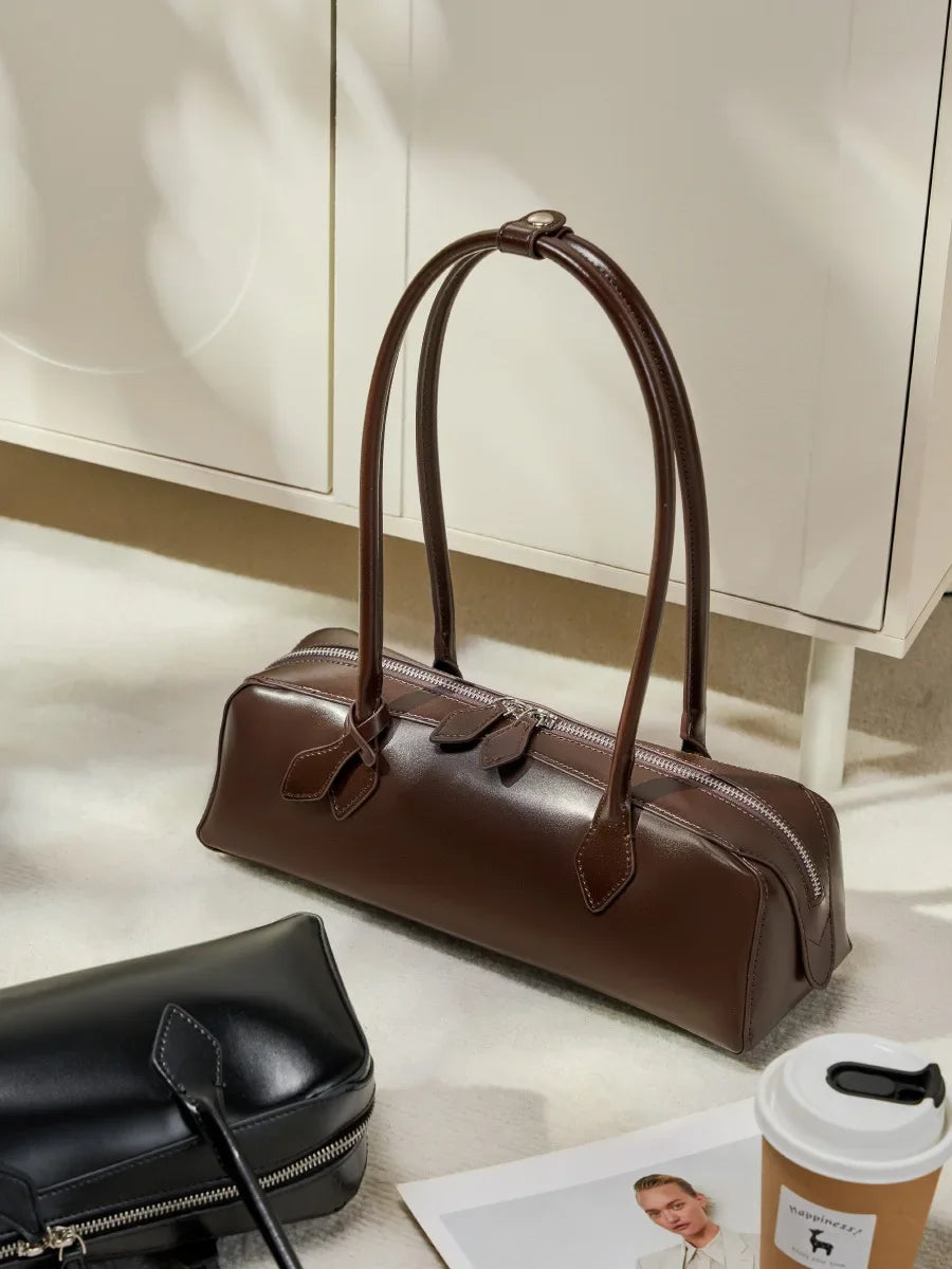 New Genuine Leather Women's Shoulder Bag | Large Capacity Cowhide Luxury Handbag (Long Strip Wine Red Baguette Bag) Luxegan