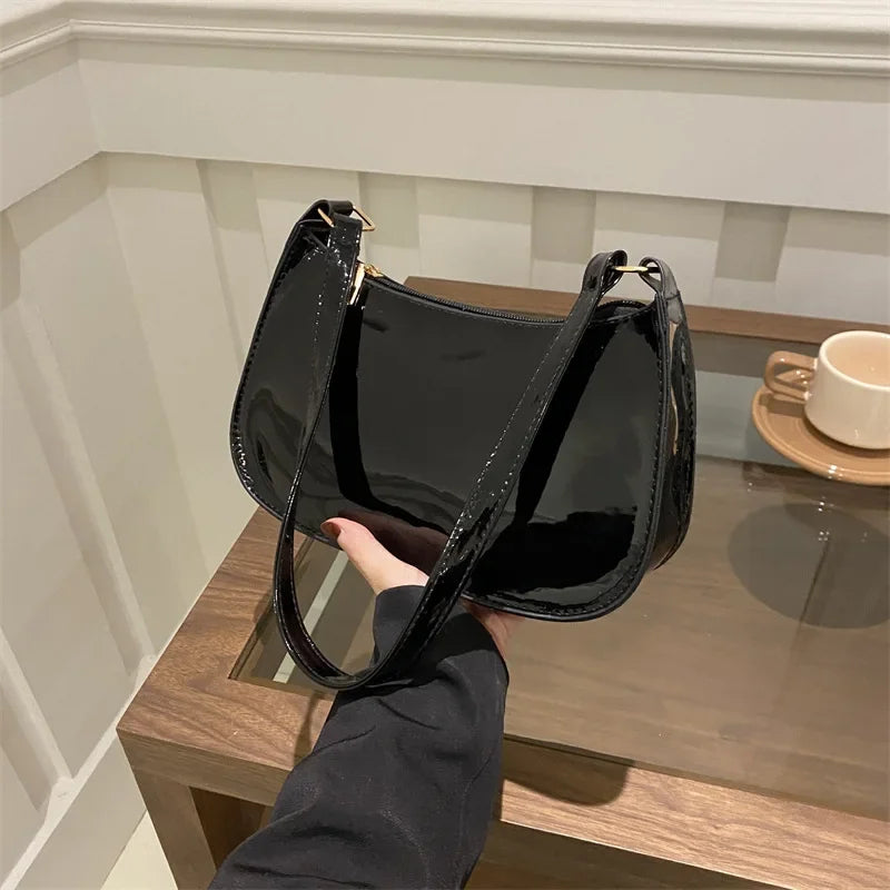 Hard Patent PU Leather Baguette Bag | Vintage Designer Hobos Underarm Bag Luxegan
