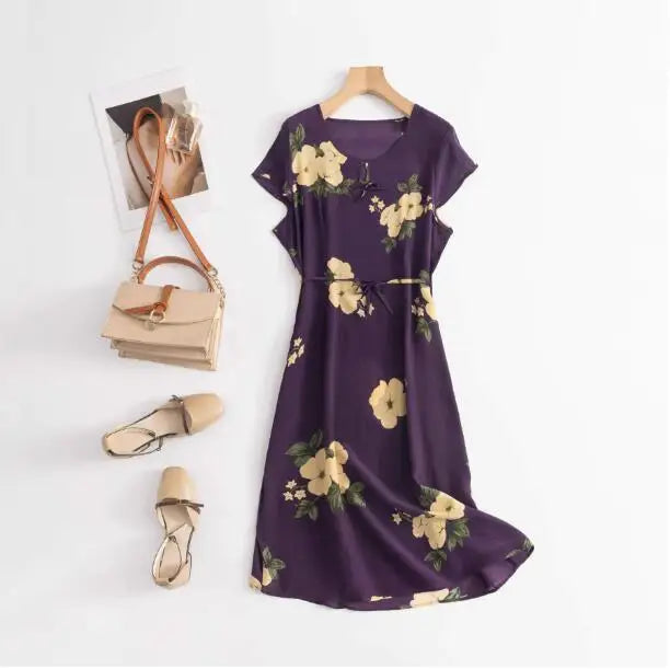 Print Round Neck Flare Sleeve Loose Straight Midi Dress – Mulberry Silk, Summer