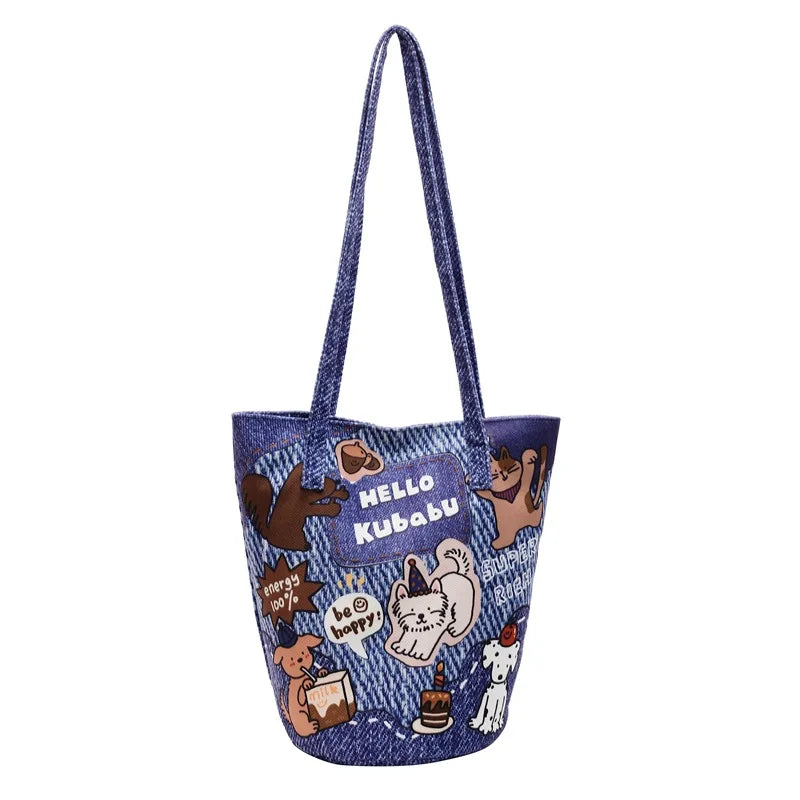 Trendy Leopard Print Illustration Splicing Bucket Bag | New Large-Capacity Canvas Shoulder Handbag for Women Luxegan