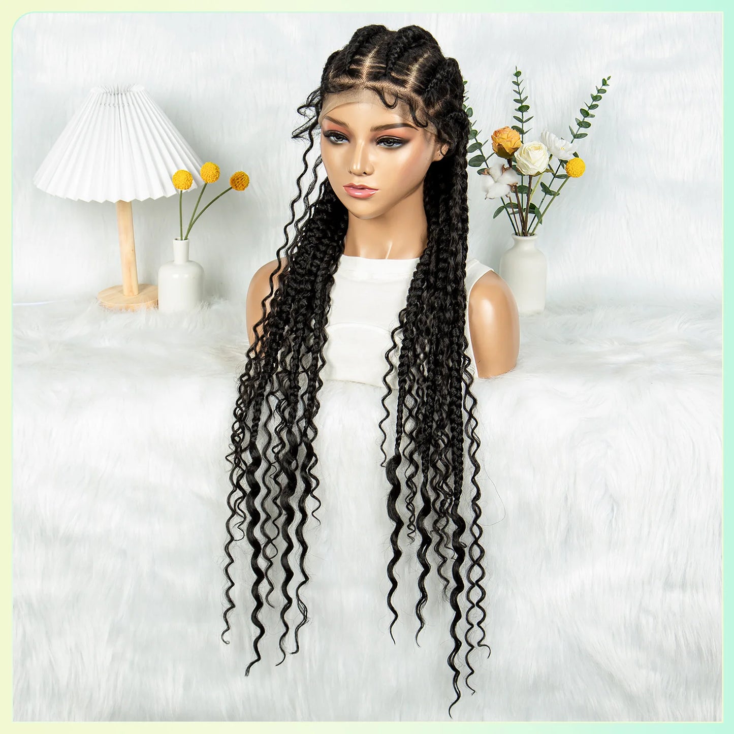Cornrow Braided Wigs Synthetic Transparent Full Lace Wig With Baby Hair Braiding Wig Boho Cornrow Wig Curly End For Black Women