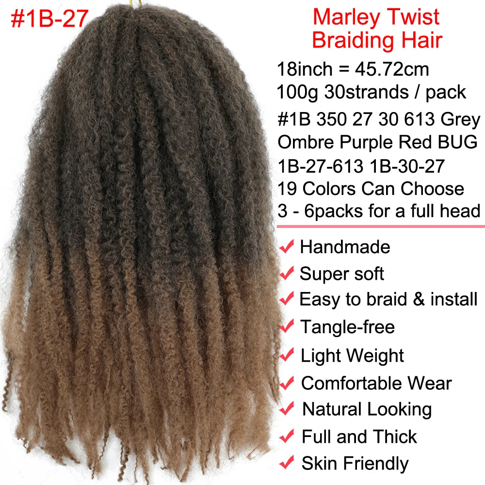 18" Marley Twist Braiding Hair | Crochet Braids | Afro Twist Kinky Hair Extensions | Ombre Colors | 30 Strands/Pack