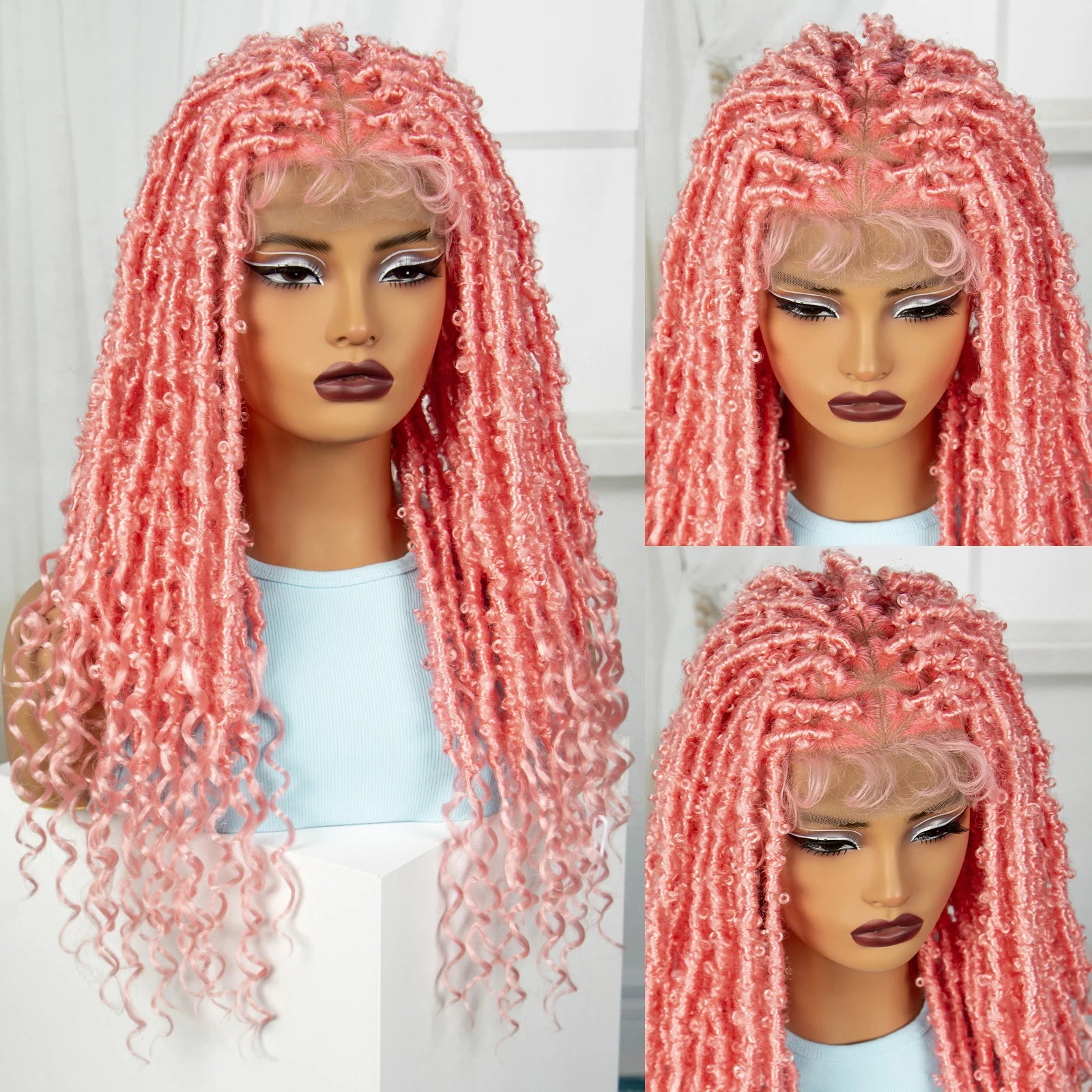 22" Pink Knotless Box Braids Wig with Curly Ends | Transparent Full Lace | Baby Hair Luxegan