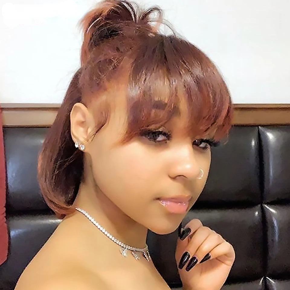 Reddish Brown Bob Wig | Straight Human Hair Lace Front with Bangs Luxegan