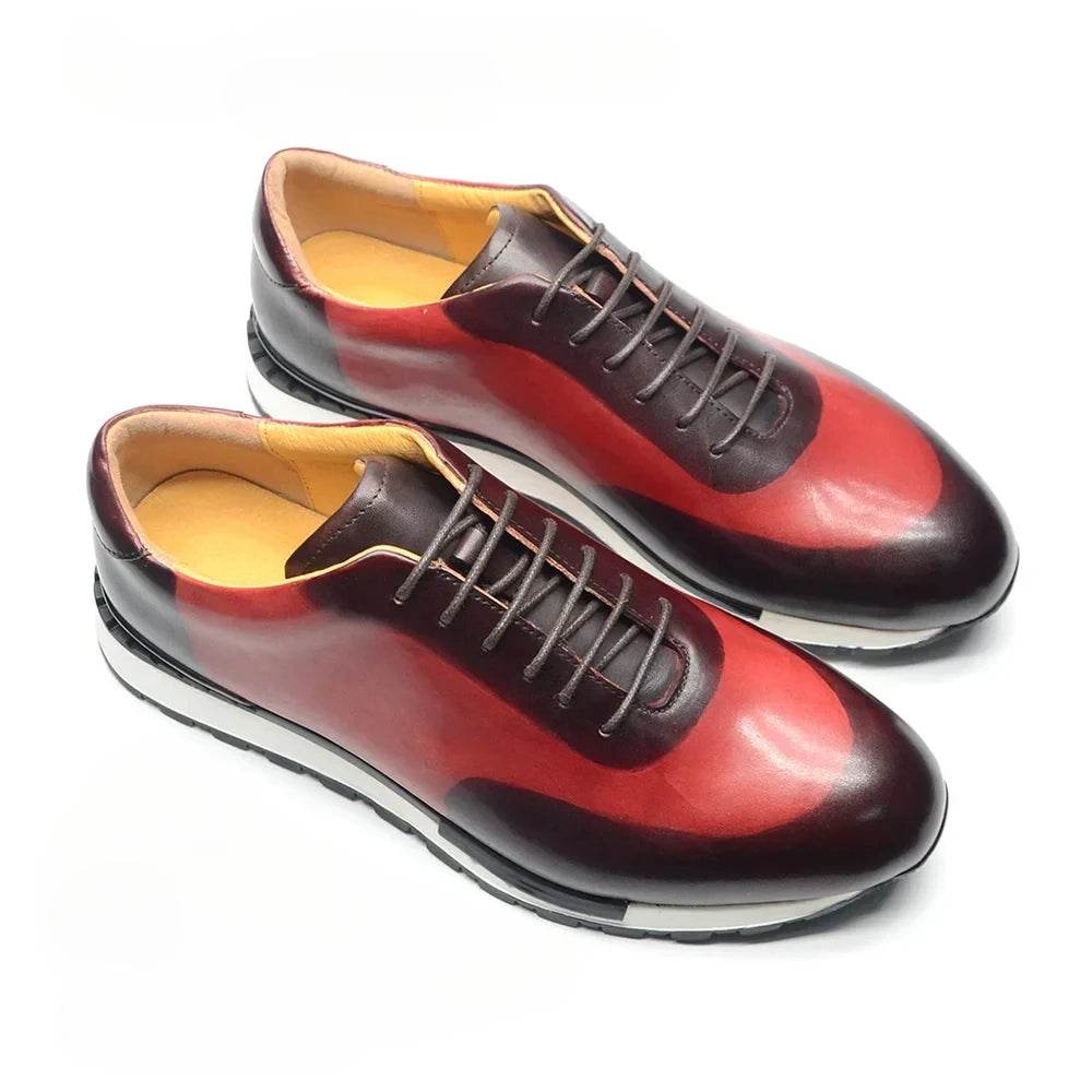 Luxury Genuine Leather Oxford Sneakers | Sophisticated Hand-Painted Whole-Cut Design | Elegant "Red-Dark Brown" Lace-Up Male Footwear | "Dignified" Handmade Sheepskin Insole Shoes for Radiant Versatile Styling Luxegan