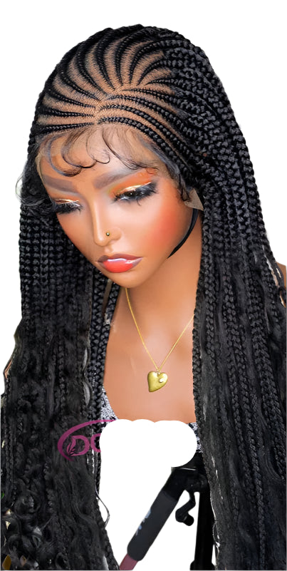 36" Cornrow Box Braids Wig with Curly Hair | Full Lace | Baby Hair Luxegan