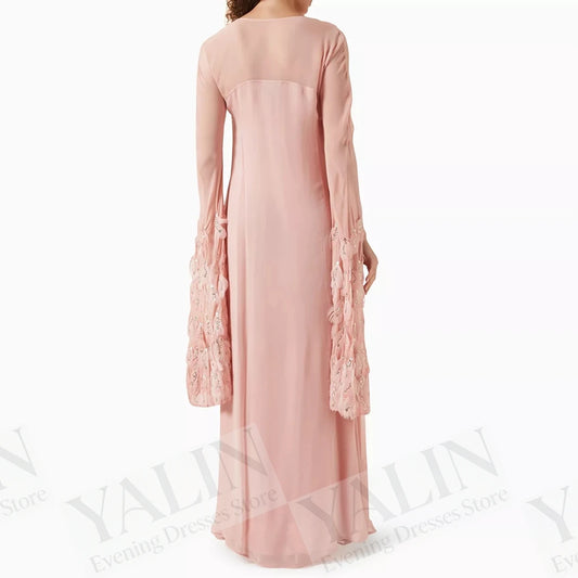 Feather Sequined A-Line Prom Dress | V-Neck Full Sleeve Ankle-Length Evening Gown Luxegan