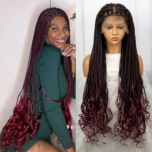 36 Inch Synthetic Braided Wigs Knotless Boho Braided Lace Wigs with Curly Ends Lace Front Braiding Hair Wig for Black Women Luxegan