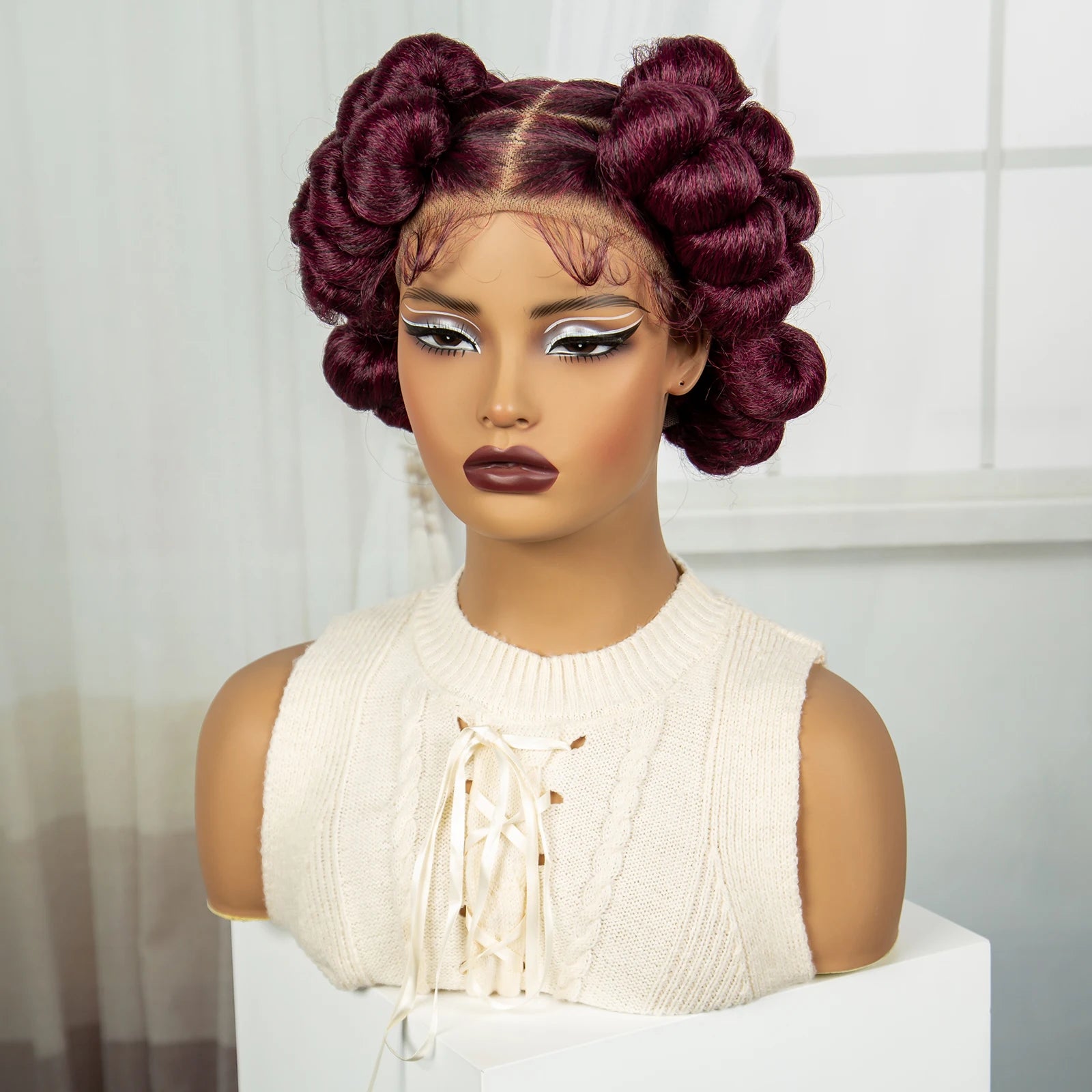 6" Short Cute Burgundy Bantu Knotless Braids Wig | Transparent Full Lace Luxegan