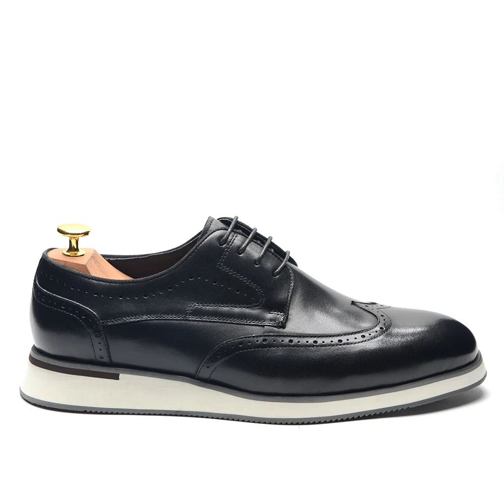 Men's Natural Cowhide Genuine Leather Derby Dress Shoes | Brogue Wingtip Flat Shoes (Black, Wine Red) Luxegan