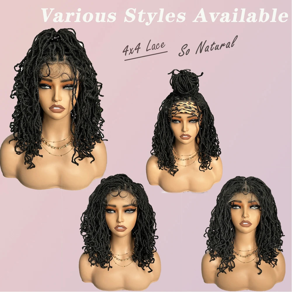 Synthetic 4x4 Lace Front Braid Wig 14inch Curly Faux Locs Dark Burgundy Large Parting Space Twist Dreadlock Wigs for Black Women Luxegan