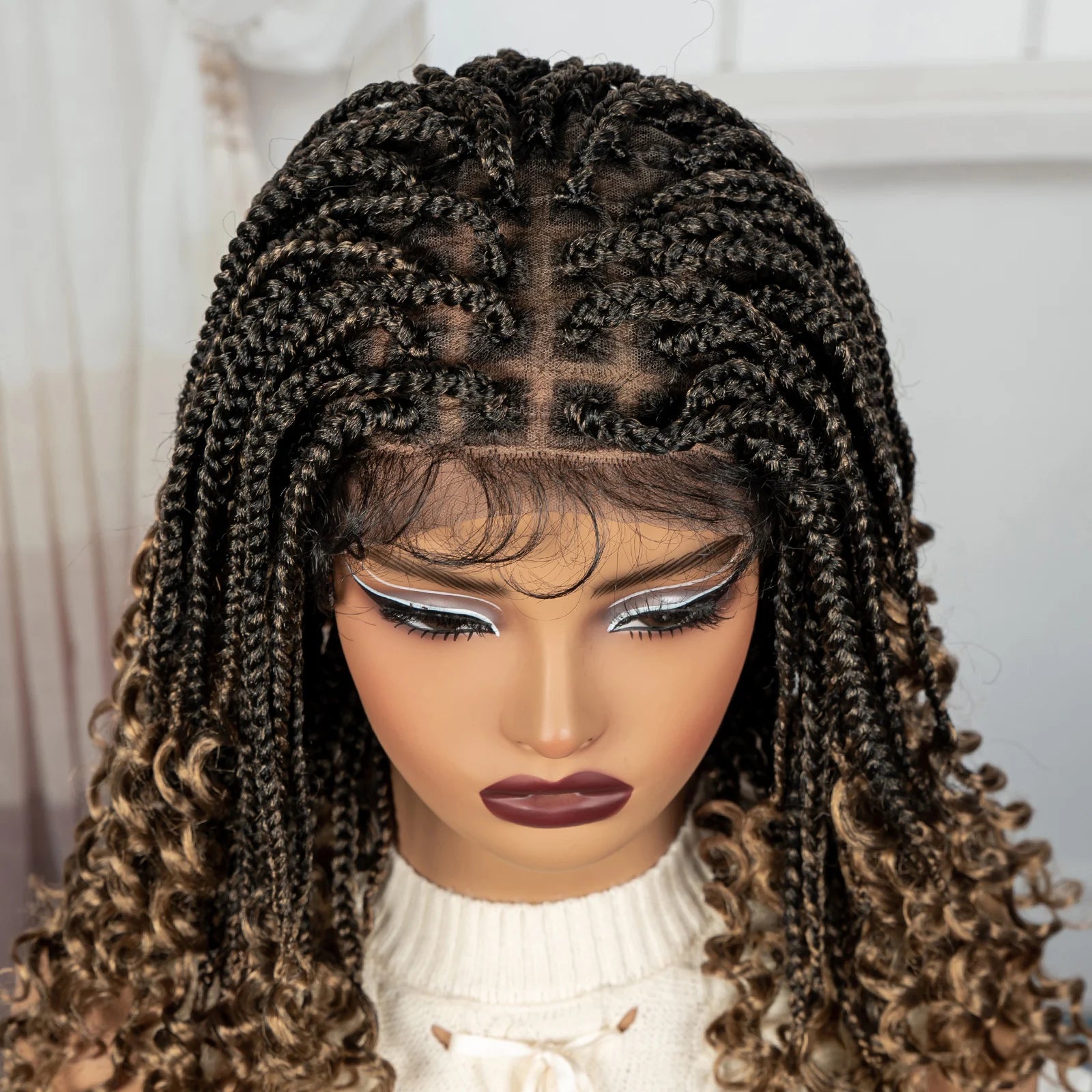 Burgundy Boho Knotless Braids Bob Wig with Curly Ends | Full Lace Luxegan