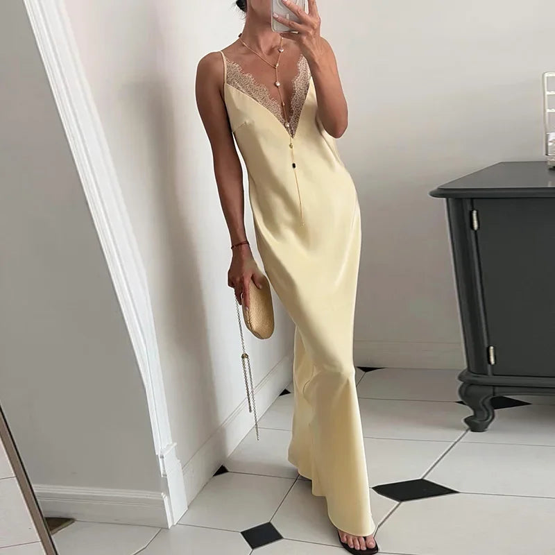 Solid V-Neck Sleeveless Lace Detail Slim Fit A-Line Floor-Length Dress – Slight Stretch Polyester, Natural Waist, All Season Luxegan